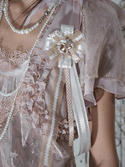 NO ROMANCE Ivory Gold Lace Satin Ribbon Feather Handmade Women&