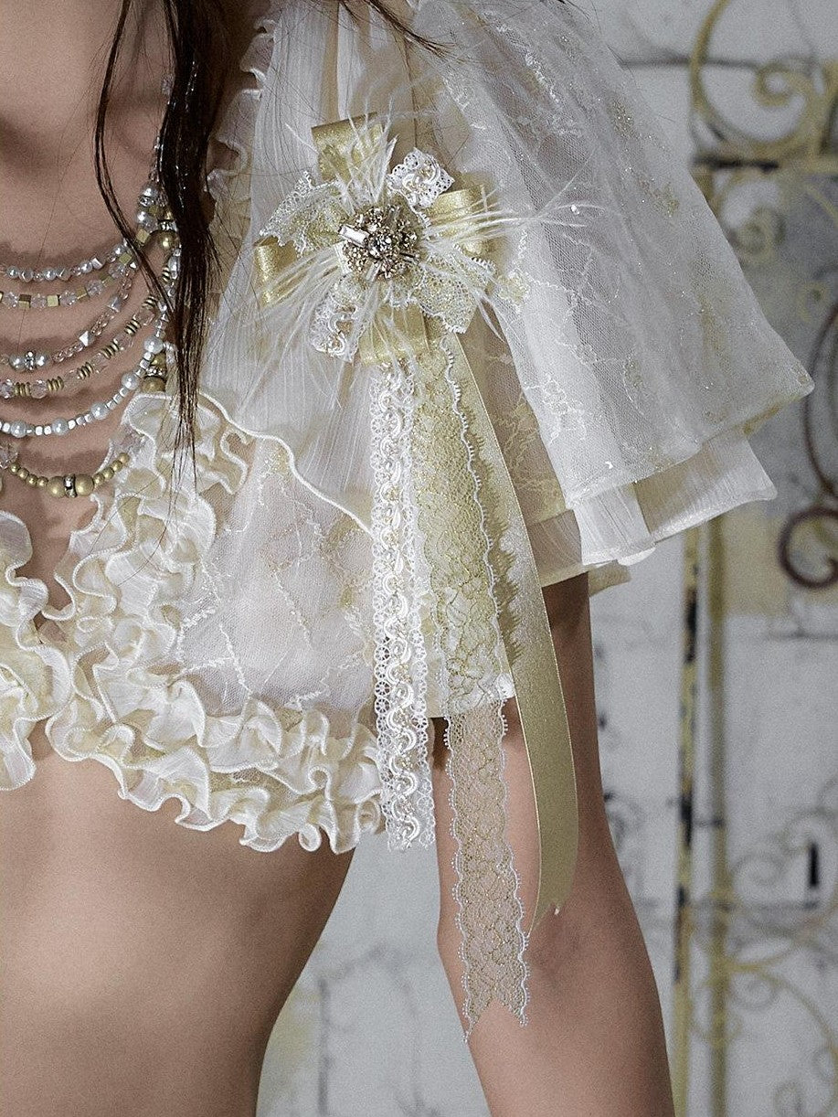 NO ROMANCE Ivory Gold Lace Satin Ribbon Feather Handmade Women&
