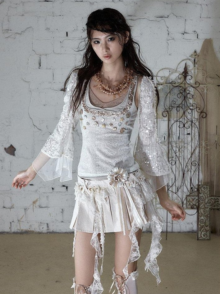 NO ROMANCE Ivory Gold Lace Satin Ribbon Feather Handmade Women&