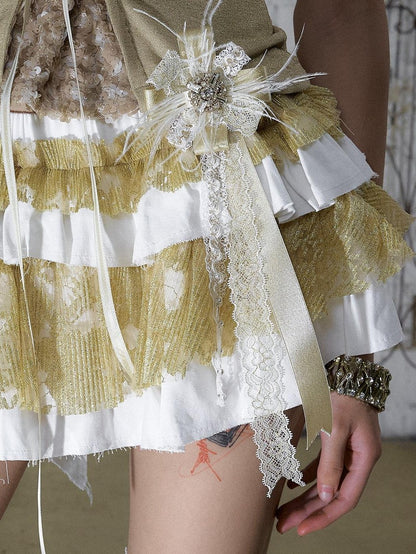 NO ROMANCE Ivory Gold Lace Satin Ribbon Feather Handmade Women&