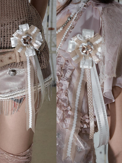 NO ROMANCE Ivory Gold Lace Satin Ribbon Feather Handmade Women&