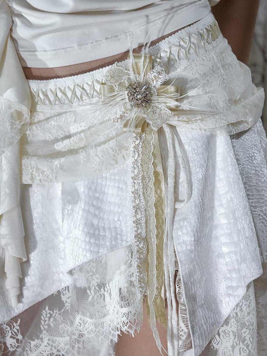NO ROMANCE Ivory Gold Lace Satin Ribbon Feather Handmade Women&