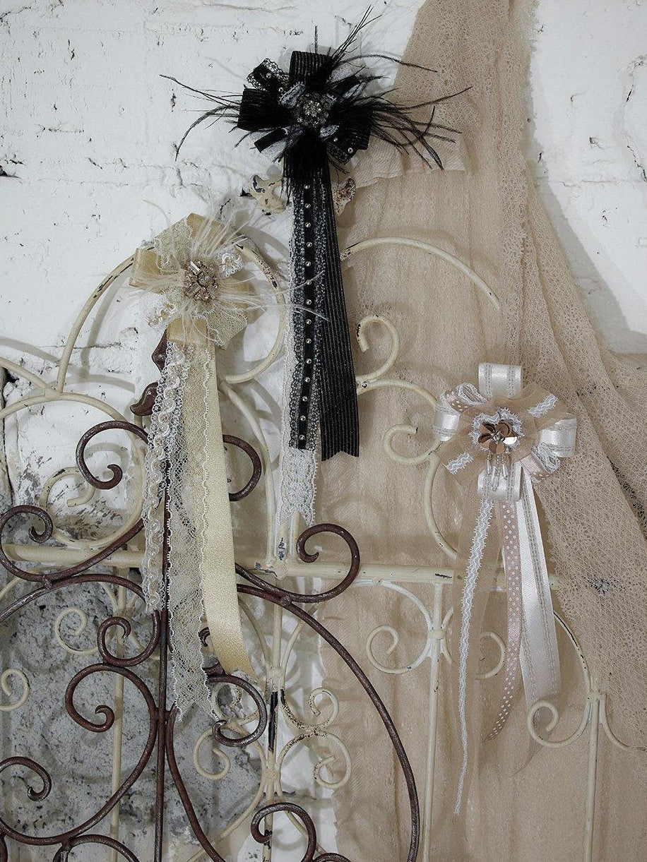NO ROMANCE Ivory Gold Lace Satin Ribbon Feather Handmade Women&