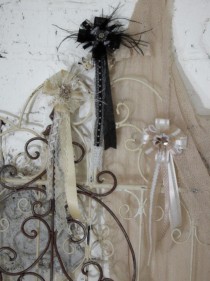 NO ROMANCE Ivory Gold Lace Satin Ribbon Feather Handmade Women&