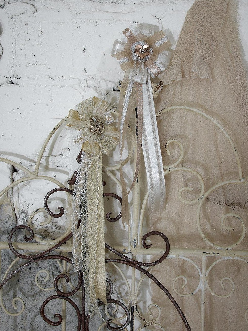 NO ROMANCE Ivory Gold Lace Satin Ribbon Feather Handmade Women&