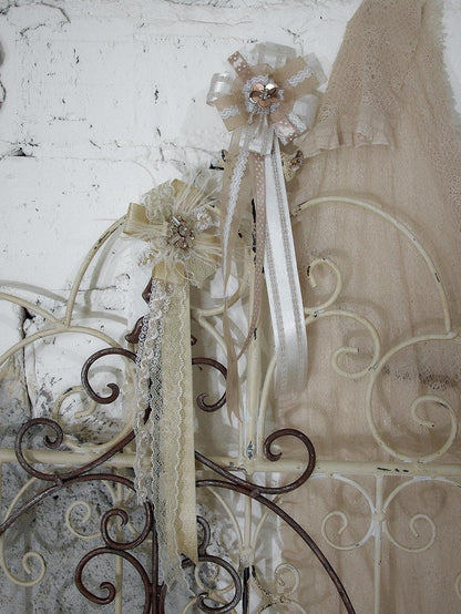 NO ROMANCE Ivory Gold Lace Satin Ribbon Feather Handmade Women&
