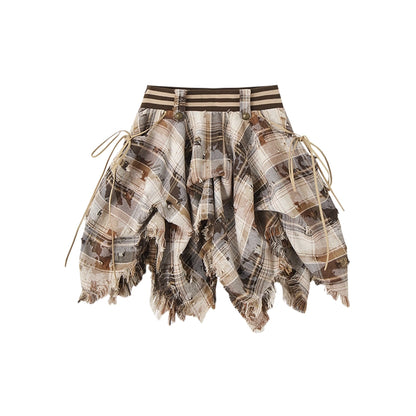 NO_ROMANCE_Khaki_Plaid_Cotton_3D_Embellished_Distressed_A_Line_Puff_Casual_Skirt_MISSTT