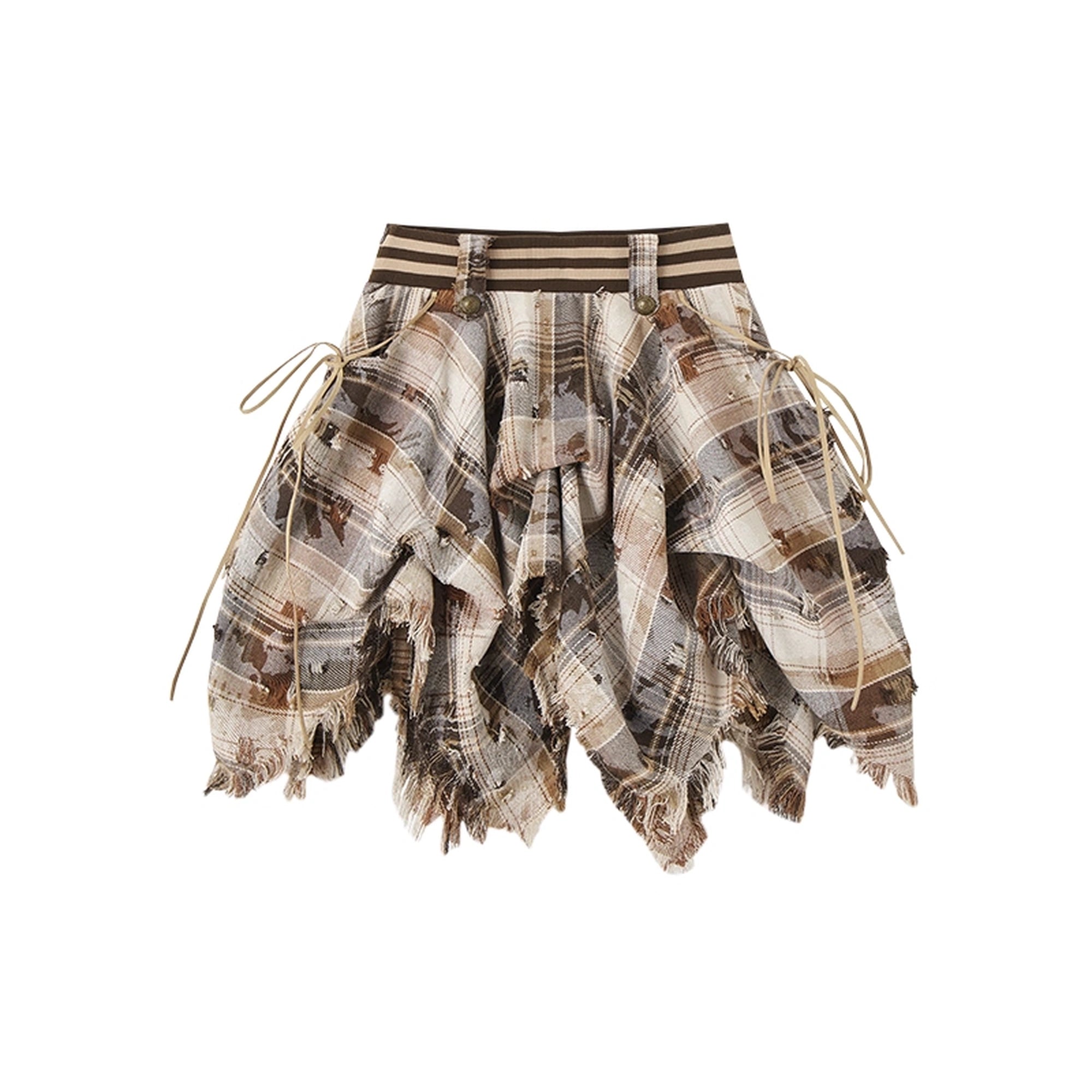 NO_ROMANCE_Khaki_Plaid_Cotton_3D_Embellished_Distressed_A_Line_Puff_Casual_Skirt_MISSTT