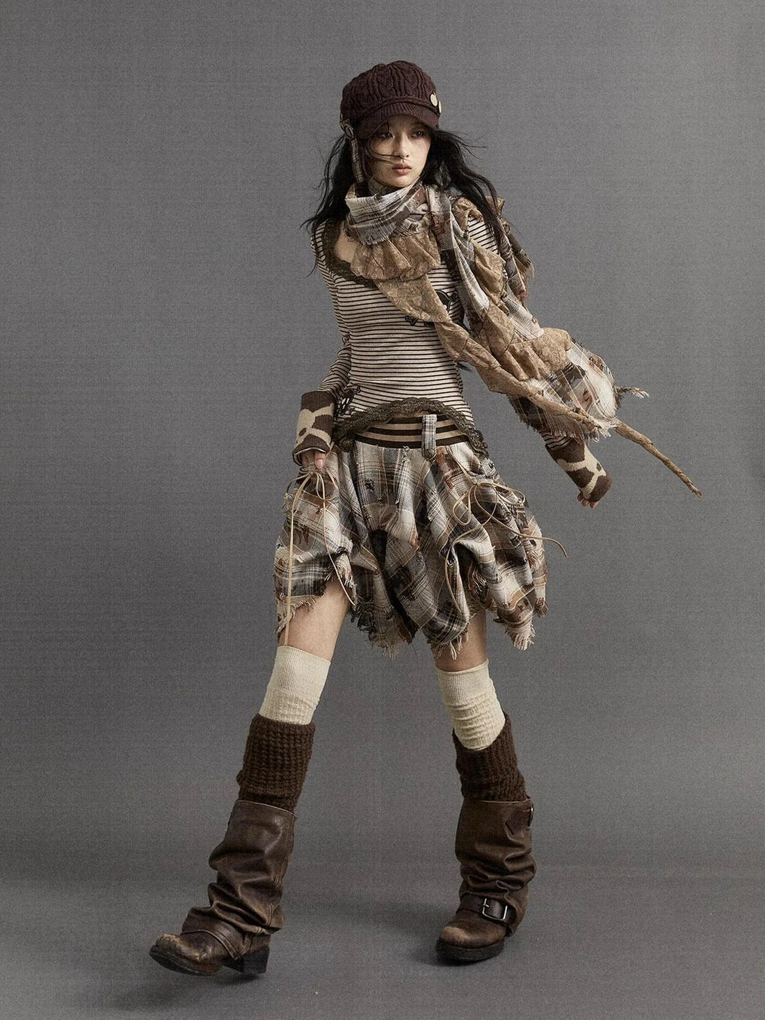 NO ROMANCE Khaki Plaid Cotton 3D Embellished Distressed A Line Puff Casual Skirt