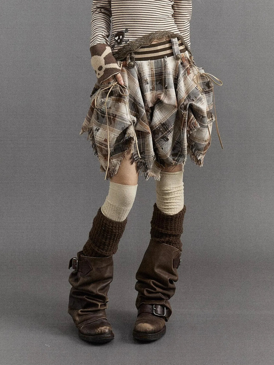 NO ROMANCE Khaki Plaid Cotton 3D Embellished Distressed A Line Puff Casual Skirt