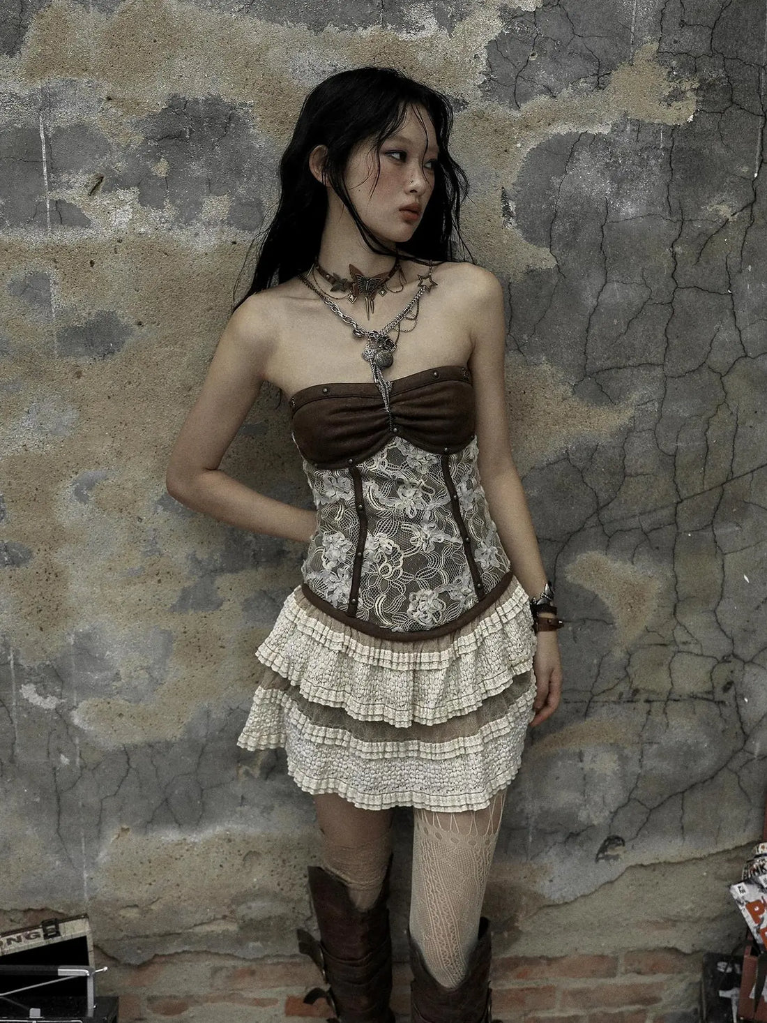 NO ROMANCE Lace Cutout Bandeau Vintage Cinched Tiered Mini Cotton Brown Back Zipper Dresses