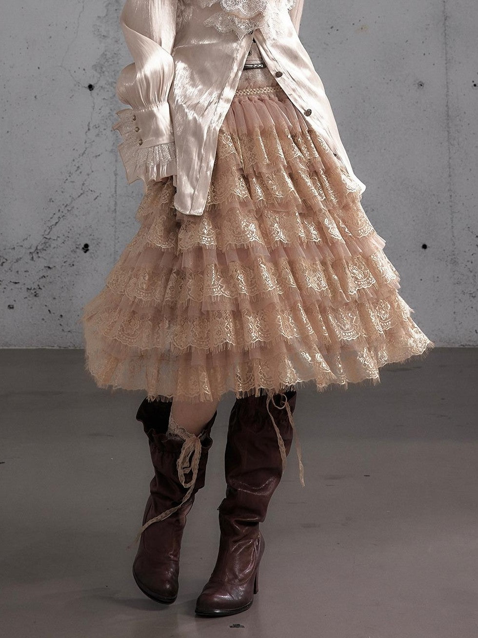 NO ROMANCE Lace Patchwork Ruffle A Line Print Women&