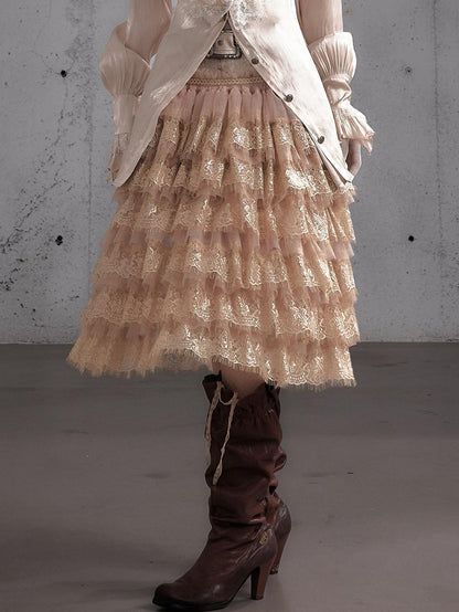 NO ROMANCE Lace Patchwork Ruffle A Line Print Women&
