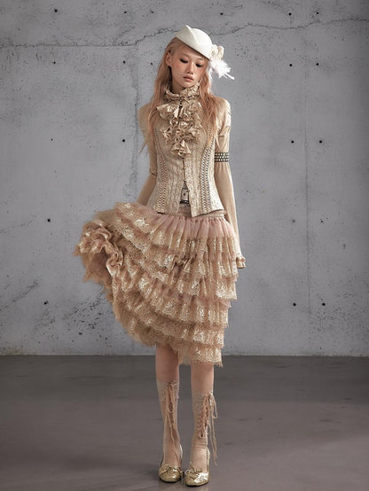 NO ROMANCE Lace Patchwork Ruffle A Line Print Women&