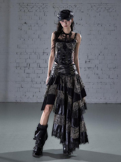 NO ROMANCE Lace Spliced Strappy Asymmetric Layered Women&