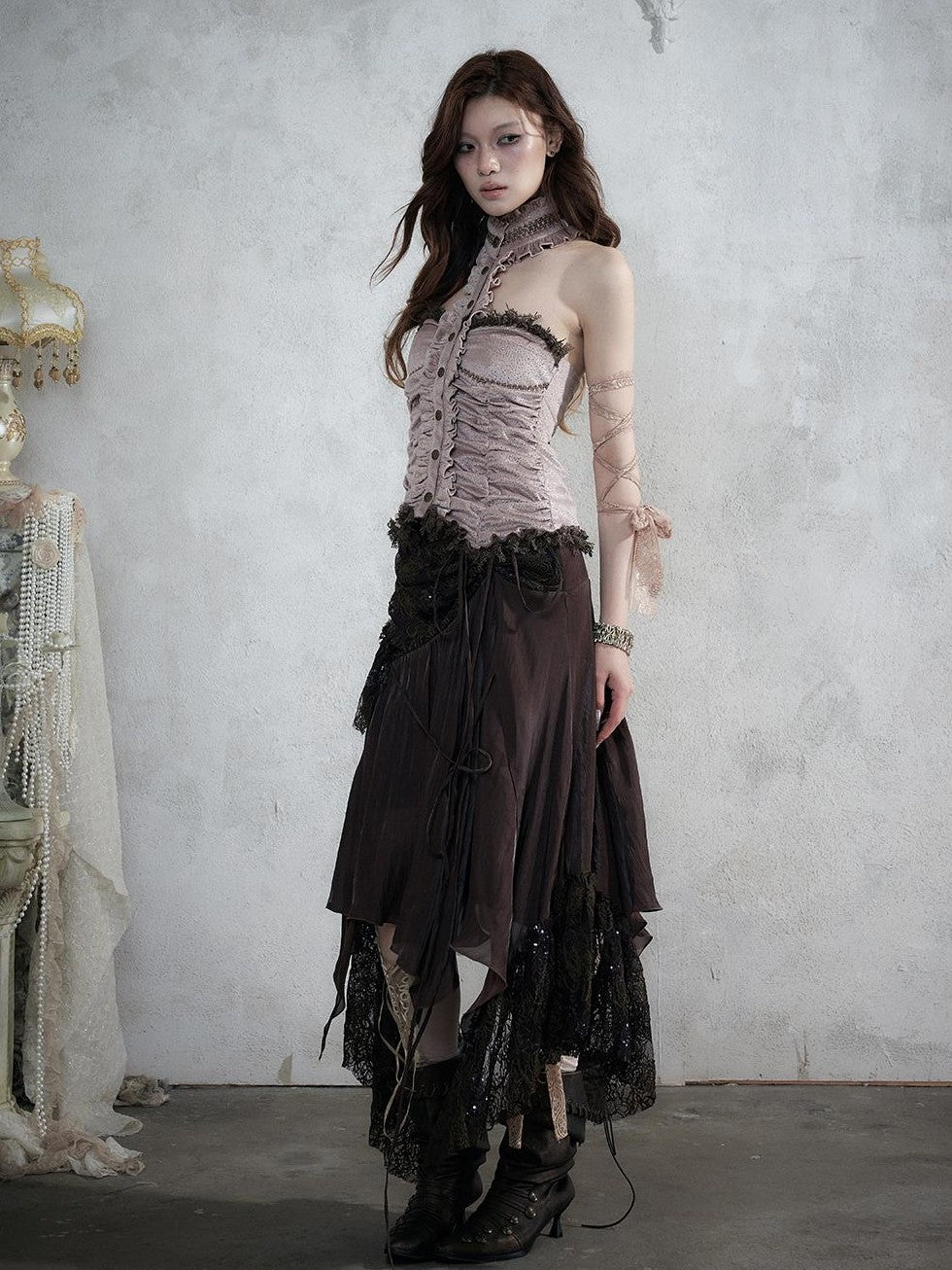 NO ROMANCE Lace Spliced Strappy Asymmetric Women&