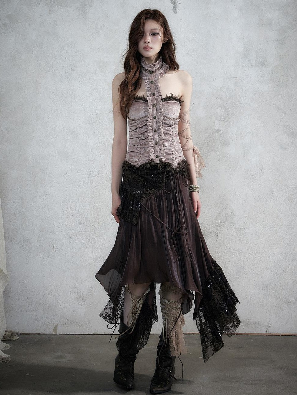 NO ROMANCE Lace Spliced Strappy Asymmetric Women&