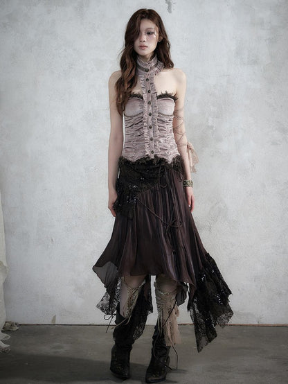 NO ROMANCE Lace Spliced Strappy Asymmetric Women&