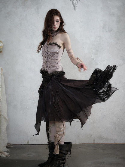 NO ROMANCE Lace Spliced Strappy Asymmetric Women&