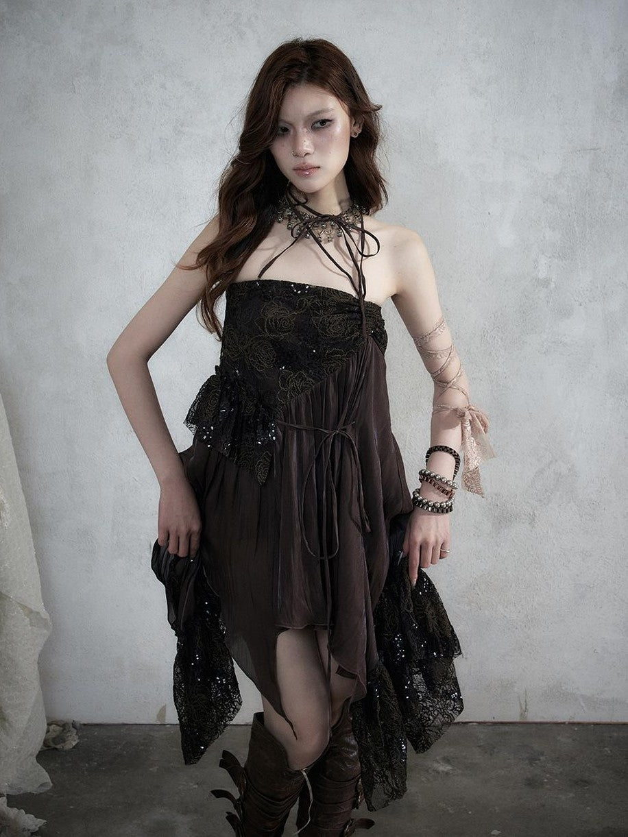 NO ROMANCE Lace Spliced Strappy Asymmetric Women&