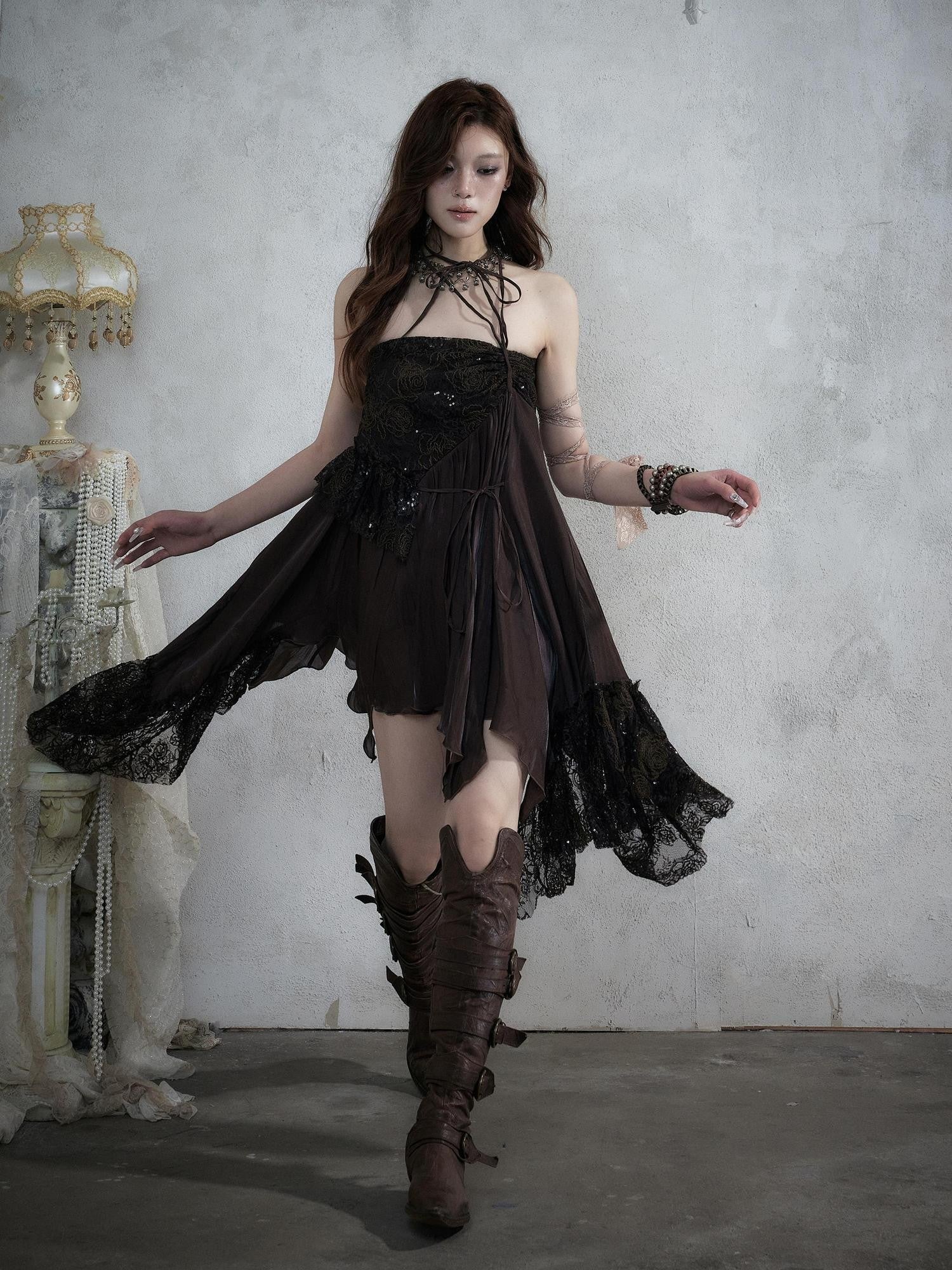 NO ROMANCE Lace Spliced Strappy Asymmetric Women&