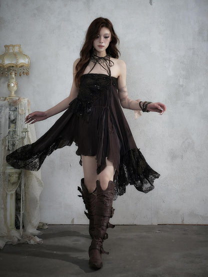 NO ROMANCE Lace Spliced Strappy Asymmetric Women&