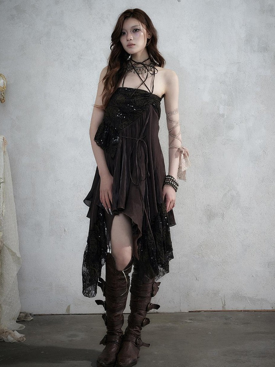 NO ROMANCE Lace Spliced Strappy Asymmetric Women&