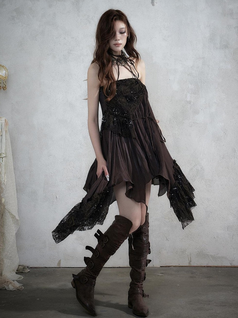 NO ROMANCE Lace Spliced Strappy Asymmetric Women&