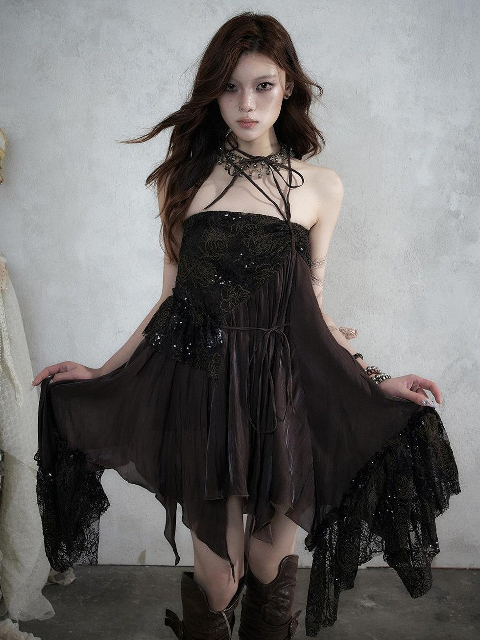 NO ROMANCE Lace Spliced Strappy Asymmetric Women&