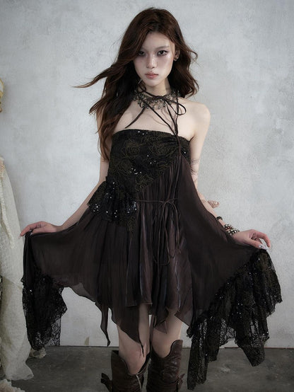 NO ROMANCE Lace Spliced Strappy Asymmetric Women&