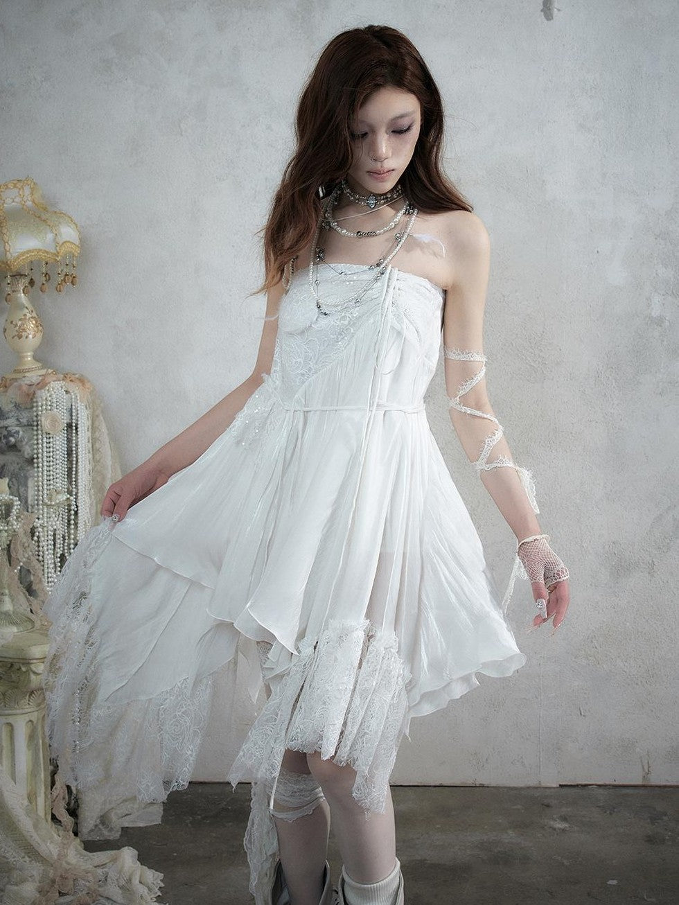 NO ROMANCE Lace Spliced Strappy Asymmetric Women&