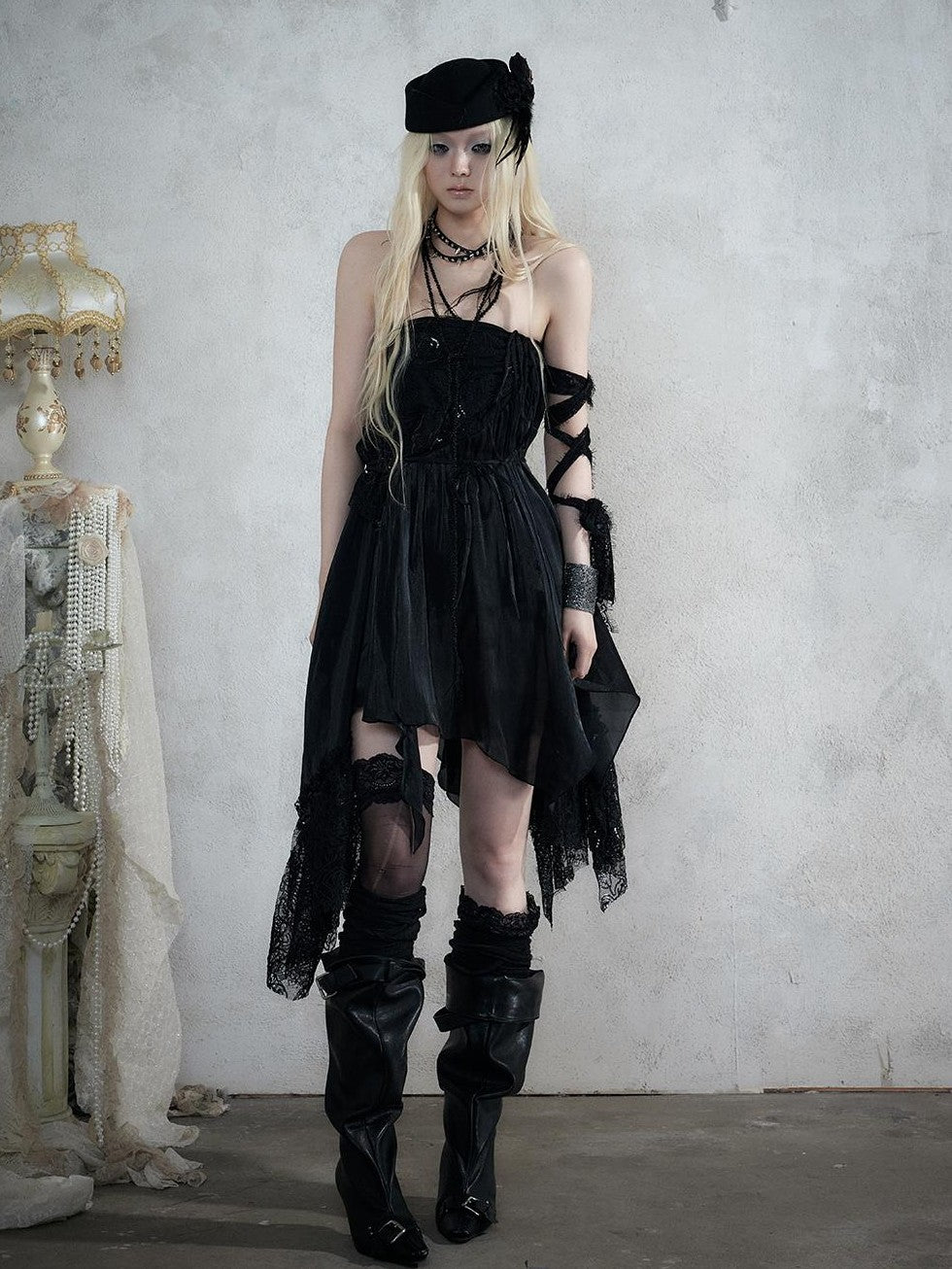 NO ROMANCE Lace Spliced Strappy Asymmetric Women&