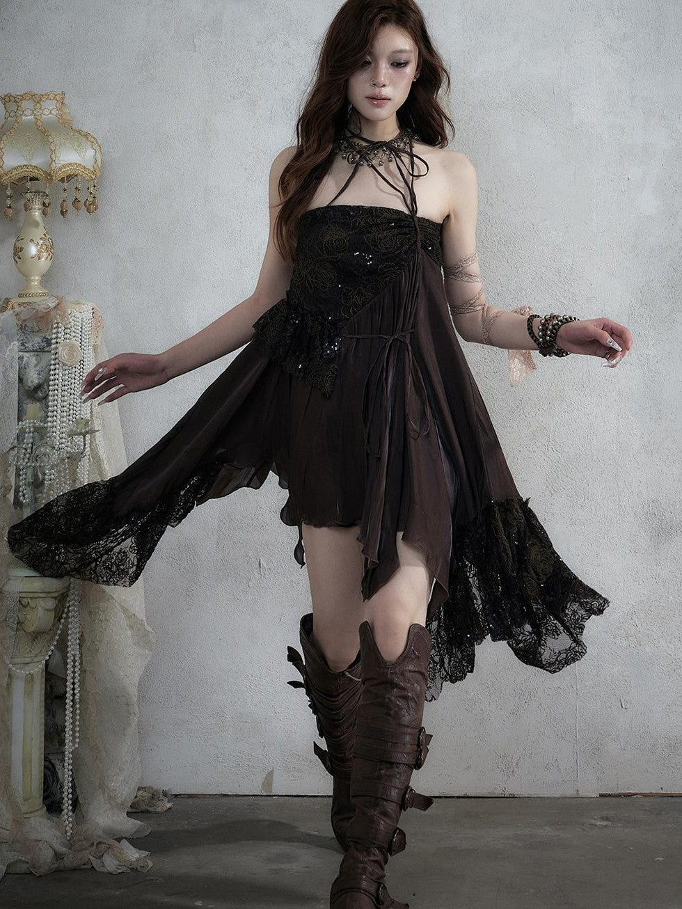 NO ROMANCE Lace Spliced Strappy Asymmetric Women&