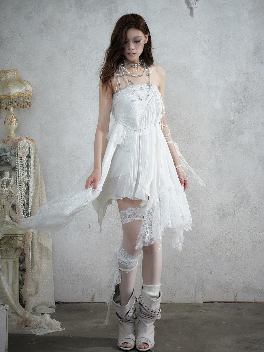 NO ROMANCE Lace Spliced Strappy Asymmetric Women&
