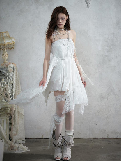 NO ROMANCE Lace Spliced Strappy Asymmetric Women&