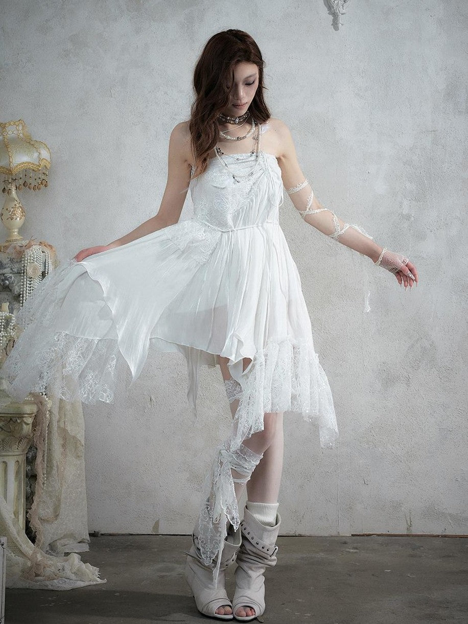 NO ROMANCE Lace Spliced Strappy Asymmetric Women&