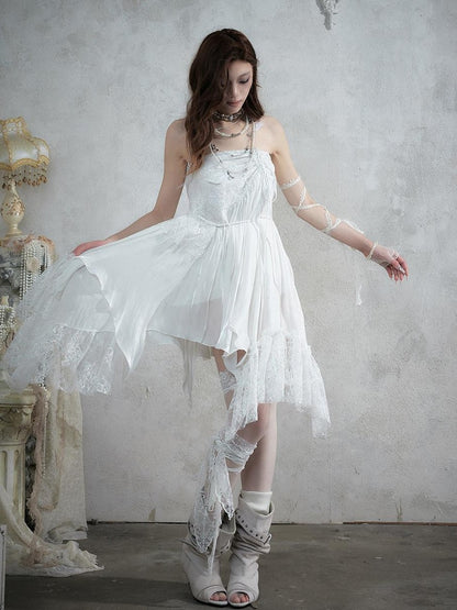 NO ROMANCE Lace Spliced Strappy Asymmetric Women&