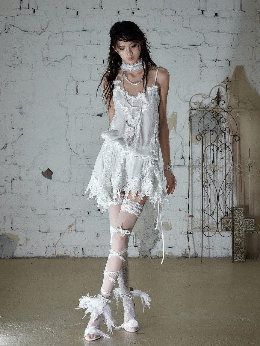 NO ROMANCE Lace Velvet Drawstring V-neck Irregular Women&