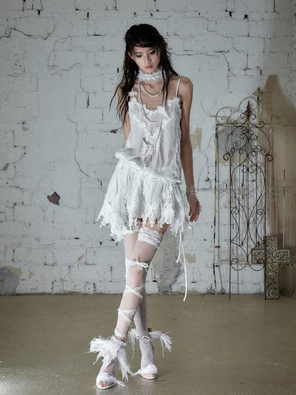 NO ROMANCE Lace Velvet Drawstring V-neck Irregular Women&