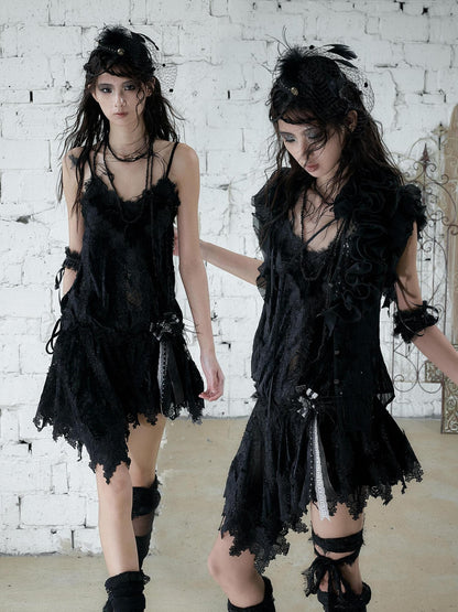 NO ROMANCE Lace Velvet Drawstring V-neck Irregular Women&