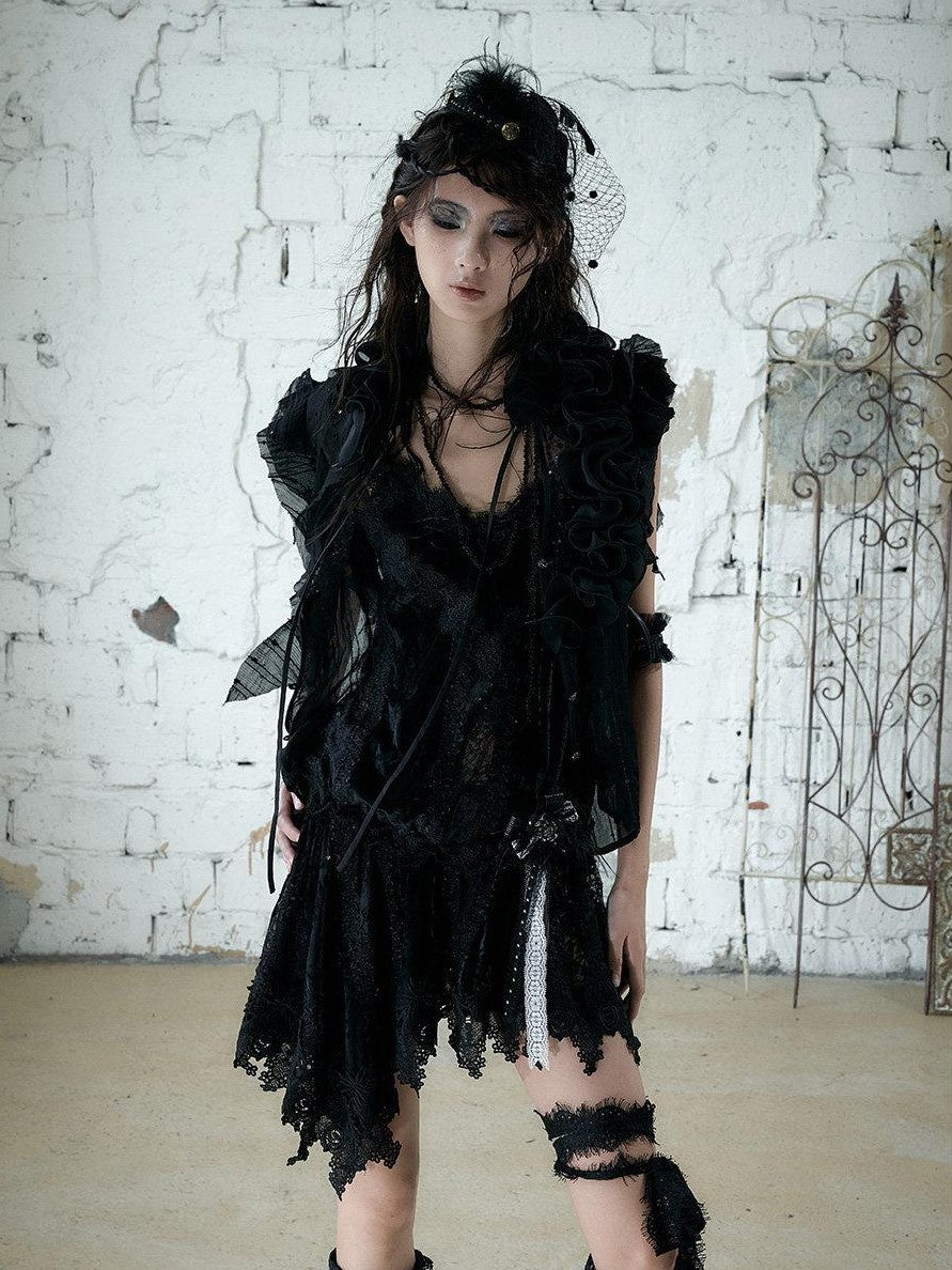 NO ROMANCE Lace Velvet Drawstring V-neck Irregular Women&
