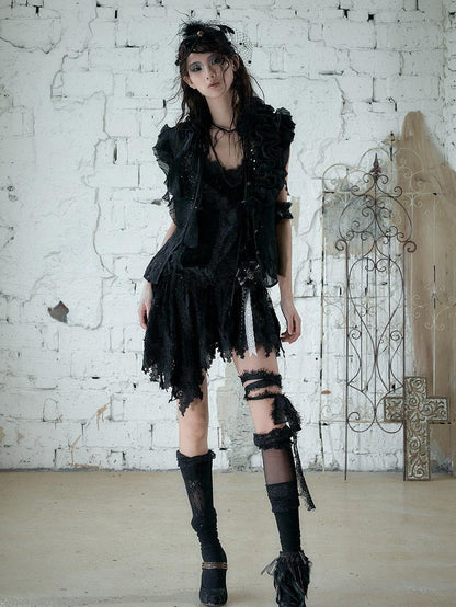 NO ROMANCE Lace Velvet Drawstring V-neck Irregular Women&