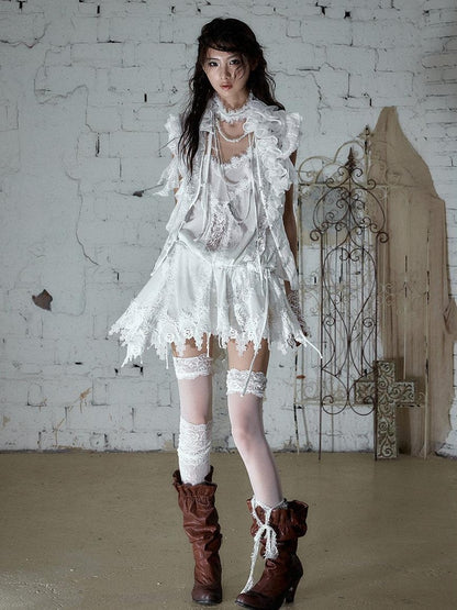 NO ROMANCE Lace Velvet Drawstring V-neck Irregular Women&