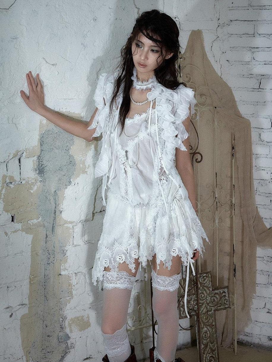 NO ROMANCE Lace Velvet Drawstring V-neck Irregular Women&