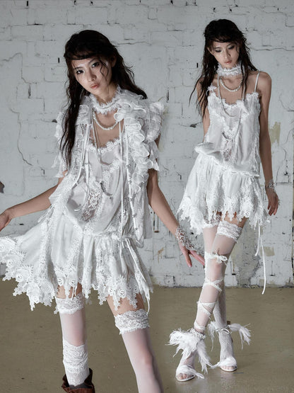 NO ROMANCE Lace Velvet Drawstring V-neck Irregular Women&