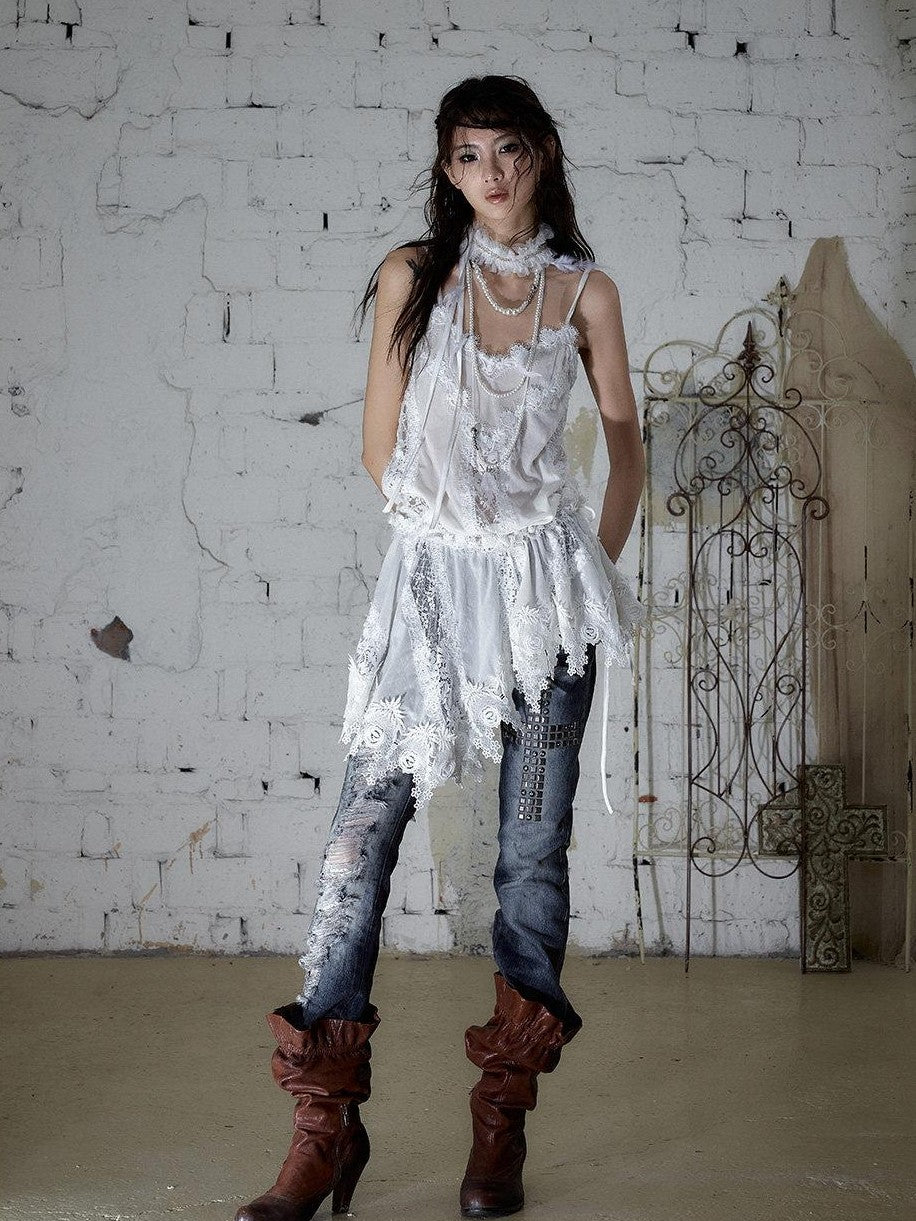 NO ROMANCE Lace Velvet Drawstring V-neck Irregular Women&