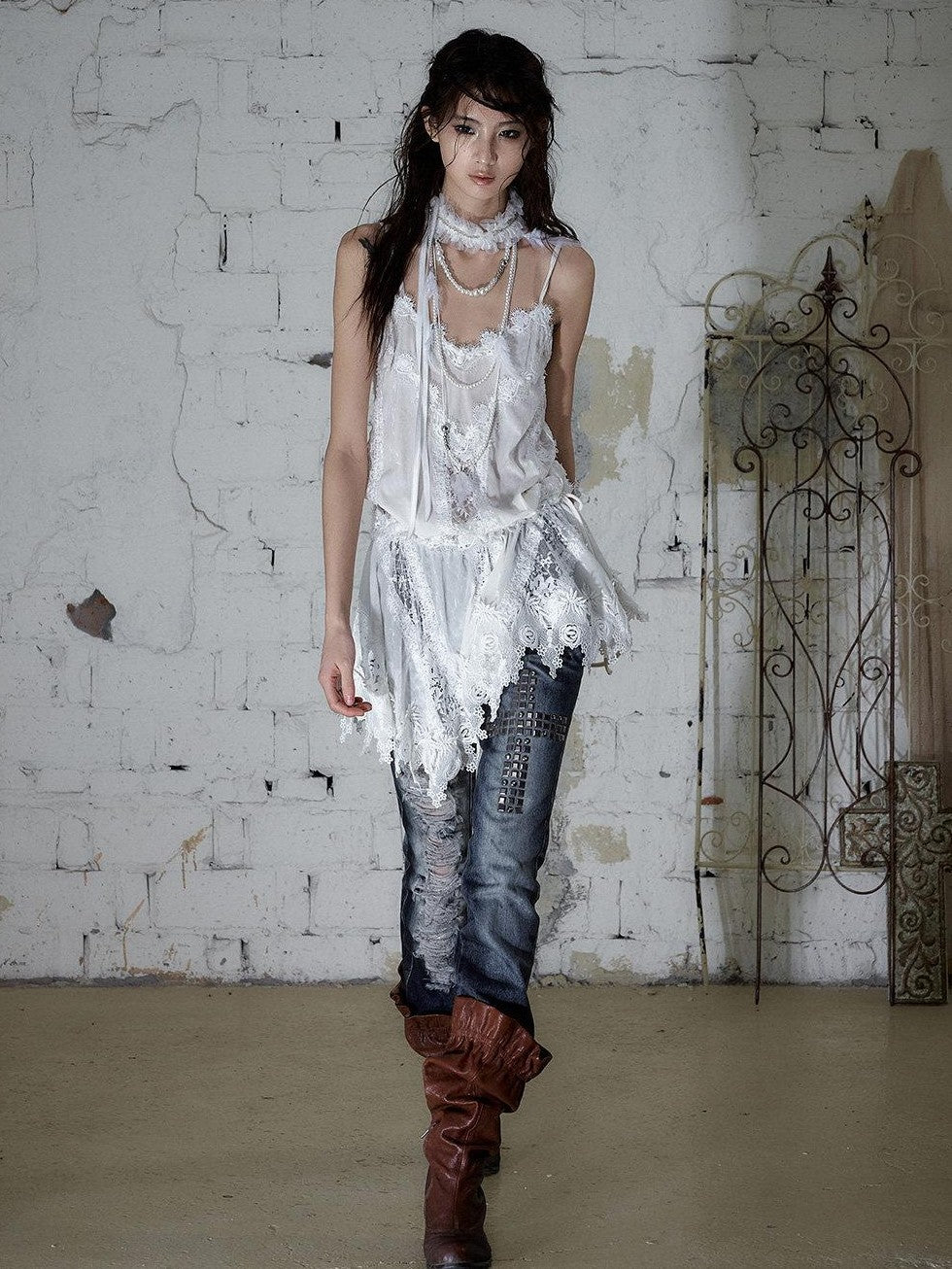 NO ROMANCE Lace Velvet Drawstring V-neck Irregular Women&
