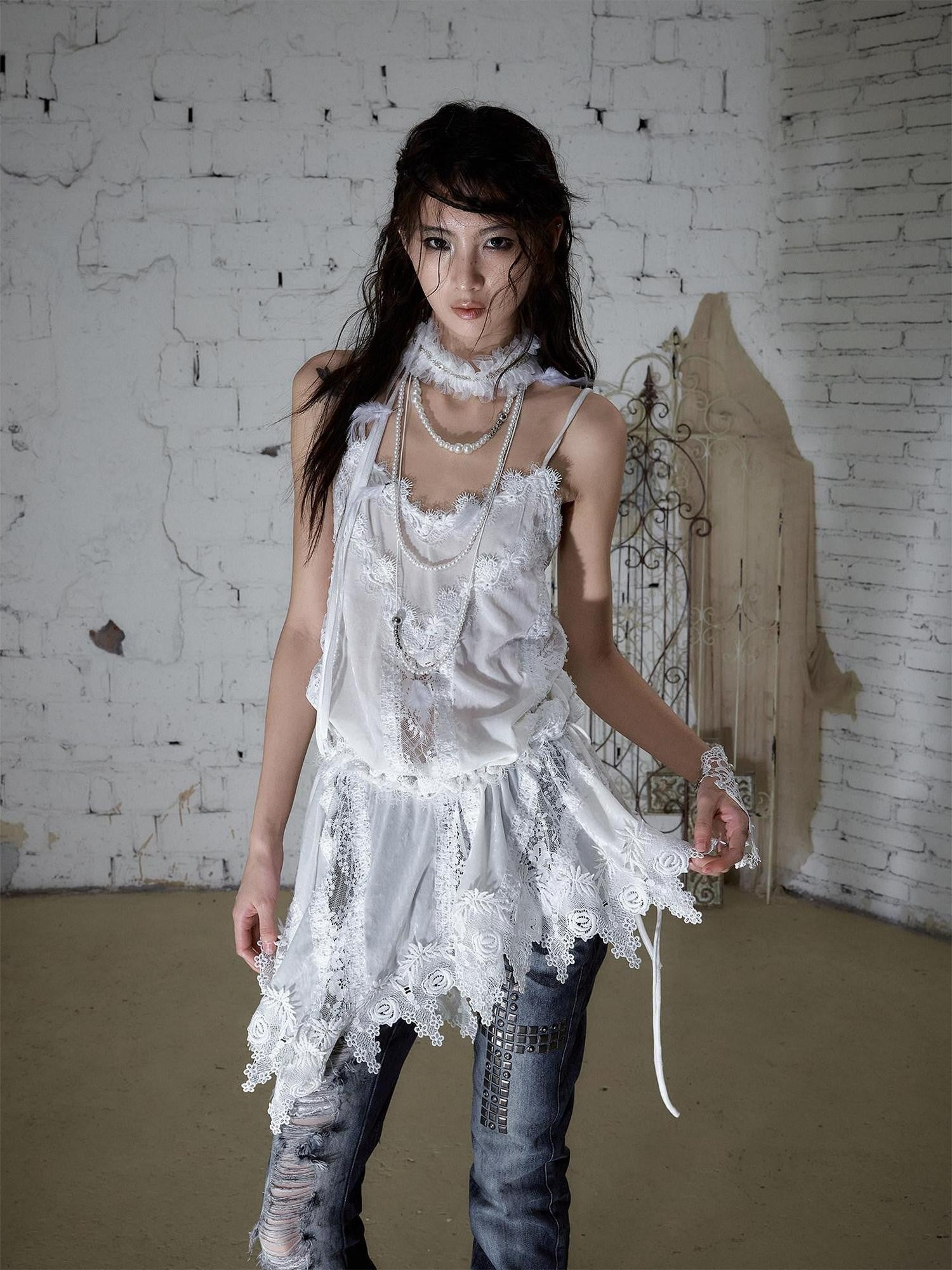 NO ROMANCE Lace Velvet Drawstring V-neck Irregular Women&