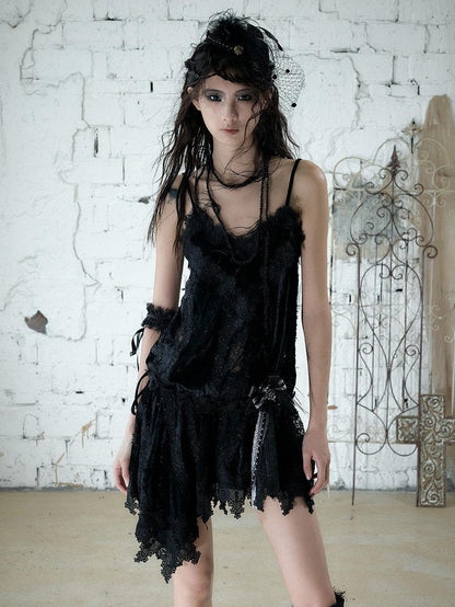 NO ROMANCE Lace Velvet Drawstring V-neck Irregular Women&