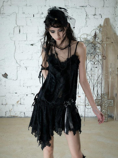 NO ROMANCE Lace Velvet Drawstring V-neck Irregular Women&